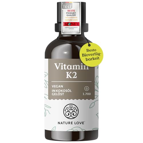 NATURE LOVE® Vitamin K2 MK7-200µg - 1700 Tropfen (50ml) - Höchster all-trans-Gehalt 99,7+% - Hochwertig: K2VITAL® von Kappa - gelöst in MCT Kokos-Öl - Hochdosiert, vegan & in Deutschland produziert
