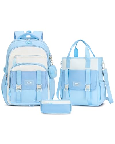 Amythe Schulrucksack Teenager Mädchen Rucksack, Großer Schultaschen-Set mit Umhängetasche und Federmäppchen, Wasserdicht School Bag Casual Daypack für Reisen, Blau