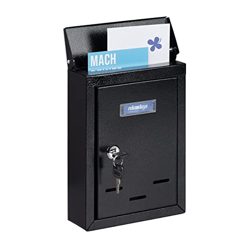 Relaxdays Briefkasten mit Namensschild Metall mit 2 Schlüsseln Postkasten schmal HxBxT: 26 5 x 19 x 6 5 cm schwarz 10030688_46