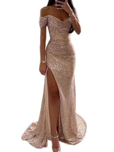 Tomwell Damen Pailletten Abendkleid Sexy Schulterfrei Hohe Taille Seitenschlitz Lang Kleid Maxikleid Elegant V-Ausschnitt Cocktailkleid Ballkleider A Aprikose S