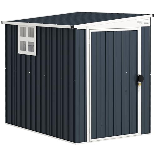 Outsunny Metall Gerätehaus 2,6m² 128x193x181cm Geräteschuppen mit Pultdach Fenster Abschließbarer Tür wetterfest Gartenhaus Outdoor Garten Schuppen für Hinterhof Außenbereich Dunkelgrau