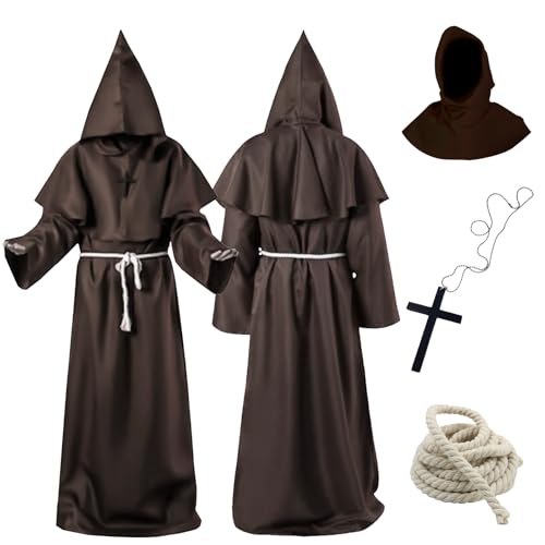 Tutukyle Mönch Kostüm, Mönch Robe mit Kreuz Halskette, Herren Mittelalter Renaissance Robe, Mönchskutte Kostüm Mittelalter Renaissance für Halloween Karneval Cosplay