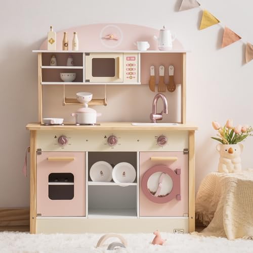 ROBUD Holz Kinderküche für Jungen und Mädchen ab 3 Jahren | Rollenspiel | Küchenzubehör-Set | in Rosa | groß