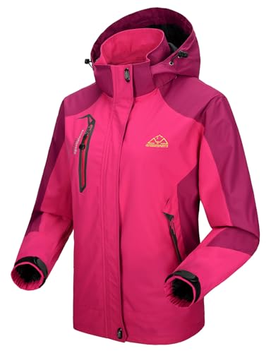 donhobo Jacken Damen Outdoorjacke Wasserdicht Windjacke Leicht Wanderjacke Atmungsaktiv Funktionsjacke Softshell Übergangsjacke mit Kapuze (Rose Rot, L)