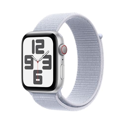 Apple Watch SE (2. Generation) GPS + Cellular 44 mm Smartwatch mit Aluminiumgehäuse in Silber und Sport Loop in Blaue Wolke (One Size). Fitness und Schlaftracker, Unfallerkennung, CO₂ neutral
