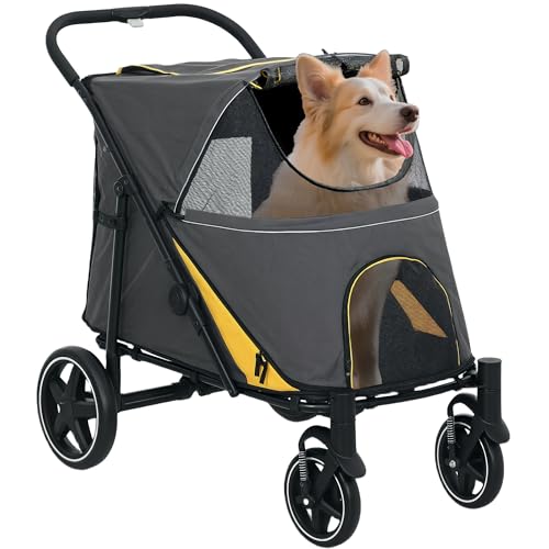 PawHut Hundewagen, Hundebuggy mit Kissen, Faltbarer Hundetrolley, Katzenbuggy für große und mittelgroße Hunde, Hundetrolley mit Netzfenster, Sicherheitsleinen, Tasche, Oxfordstoff, Dunkelgrau