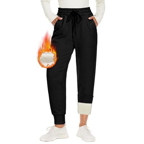CAMPSNAIL Warme Jogginghose Damen Gefütterte mit 2 Taschen Kordelzug Winter Fleece High Waist Lange Sportleggins Trainingshose Freizeithose Sweathose Schwarz XL