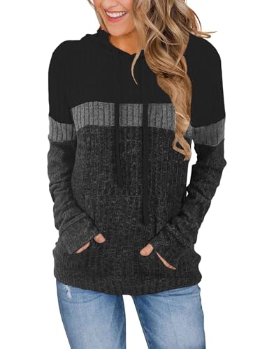 DUOEASE Oberteile Damen Elegant Langarm Kapuzenpullover Damen Casual Farbblock Hoodie Pullover(Schwarz-Grau M)