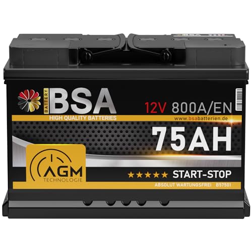 BSA AGM Autobatterie 12V 75Ah 800A/EN Start-Stop Batterie Starterbatterie VRLA statt 70Ah 72Ah 74Ah