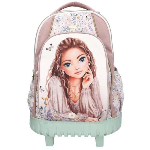 Depesche 13305 TOPModel Summer Feeling - Schulrucksack Trolley in Rosa und Grün, mit Model Motiv und Blumen Muster, Schultasche mit Teleskopgriff und Rollen