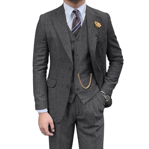 Pyiuhs Retro-Herrenanzug, 3-teilig, Tweed, Fischgrätenmuster, schmale Passform, Anzüge für Bräutigam, Smoking-Set, Balljacke, Blazer, Weste, Hose für Herren, GRAU, L