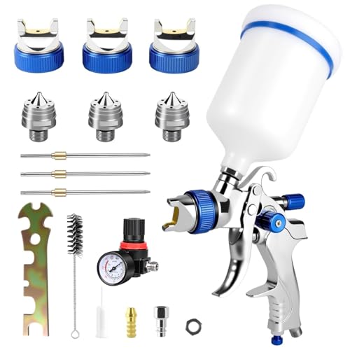 LustLocke HVLP Lackierpistole Spritzpistole Kit mit 3 Düsen (1,4/1,7/2,0 mm) – Profi Lackierpistole Druckluft mit 600 ml Plastikbecher, einstellbarem Luftdruck & Fluss, Edelstahl & Kupfer