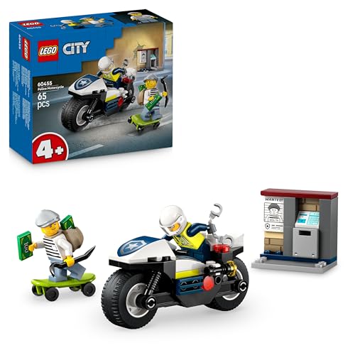 LEGO City Verfolgungsjagd mit dem Polizeimotorrad – Spielset mit Motorrad, Skateboard, Geldautomaten und 2 Mini-Figuren – Geburtstagsgeschenk für Jungen und Mädchen ab 4 Jahren – 60455