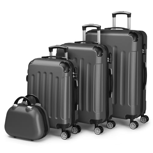 LALAHO Kofferset 4 teilig, Reisekoffer Set mit Kosmetikkoffer, Hartschalen Koffer Set aus ABS, Gepäckset mit Schminkkoffer, Handgepäck und 4 Eckenschützern, Dunkelgrau