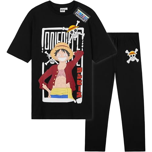 One Piece Pyjama Herren Schlafanzug Set, Weich & Atmungsaktiv, Anime Ruffy Hausanzug, Geschenke für Männer & Teenager (M, Schwarz)