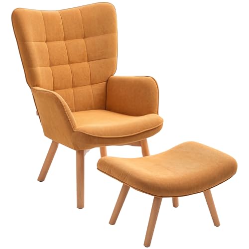 HOMCOM Ohrensessel mit Hocker Sessel Loungesessel mit Cord-Optik, Modern Relaxsessel, Armlehnensessel Lesesessel für Wohnzimmer, Schlafzimmer, Braun