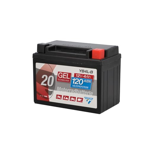 CARTEC Motorradbatterie YB4L-B, 4Ah 120A, Gel Technologie Motorrad-Starter-Batterie, Erstausrüsterqualität, zyklenfest, lagerfähig, wartungsfrei, schwarz