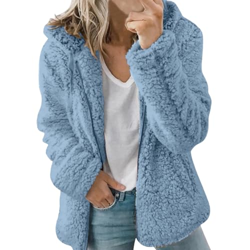 Generisch Teddyjacke Damen, Mit Kapuze Langarm Fleecejacke Damen Mit Reißverschluss Weiche Winterjacke Herbst Winter Warme Bequem Damen-Jacken
