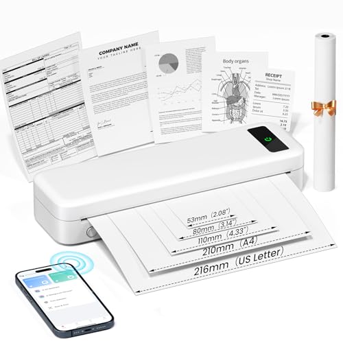 TATTMUSE Mobiler Drucker A4 für Unterwegs, Tragbarer Drucker Thermodrucker A4 Kompatibel mit Windows/macOS/iOS/Android, Monochromer Reisedrucker für Hause, Lernen, Weiß