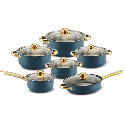 Retoo Topf und Pfannenset Induktion 12-teilig Kochtopf Set mit Glasdeckel, Topfset mit Kühlbleibendem Griff, Spülmaschinengeeignet, Durchmesser 16/18/20/24 cm