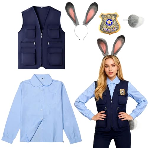 XPJBKC Kaninchen Kostüm Zubehör, 5 PCS Rabbit Polizistin Outfit, Karneval Kostüm Set mit Hasenohren und -schwanz, Hemd, Jacke und Abzeichen, Kostüm Zubehör für Karneval Halloween Cosplay Party, L
