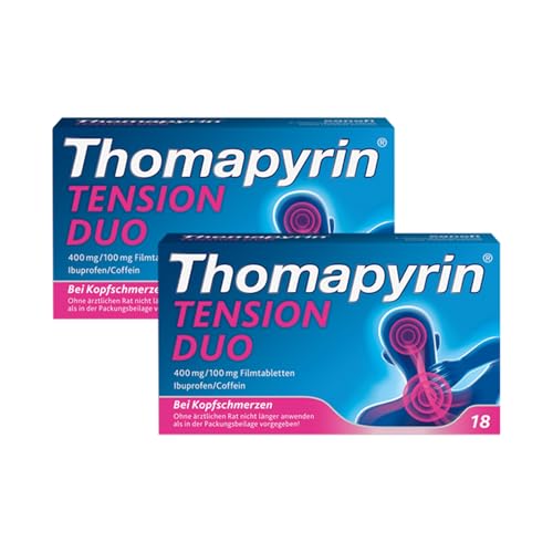 Thomapyrin TENSION DUO Schmerztabletten bei stärkeren Kopfschmerzen| 2x18 Stk | Einzigartige Kombination aus Ibuprofen und dem Booster Coffein | Wirkt 40% stärker als Ibuprofen 400 mg