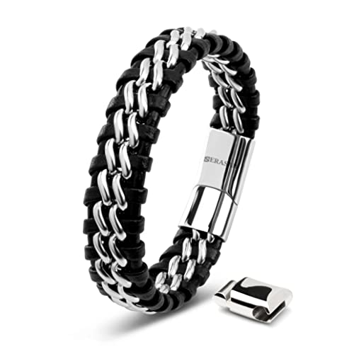 SERASAR Herren Armband 20cm Silber Männer Leder Armreif Lederband Herrenarmreif Armschmuck Schmuck Herrenschmuck Armkette Flecht Wickelarmband Armbändchen Bracelet