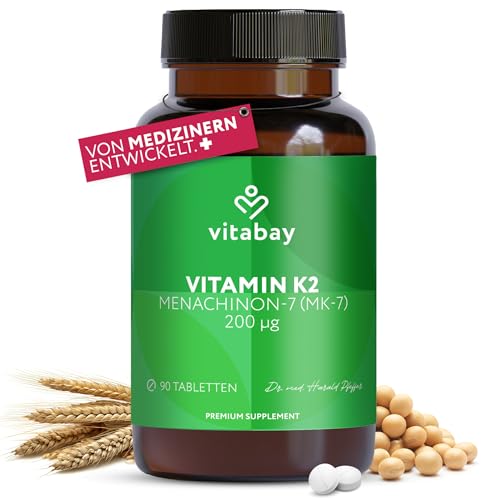 Vitabay Vitamin K2 200 µg (MK-7 Menachinon-7) – 90 Vegane Tabletten – Hochdosiert & Laborgeprüft in Deutschland – All-Trans-Form – Vitamin K2 Nahrungsergänzung für eine ausgewogene Ernährung