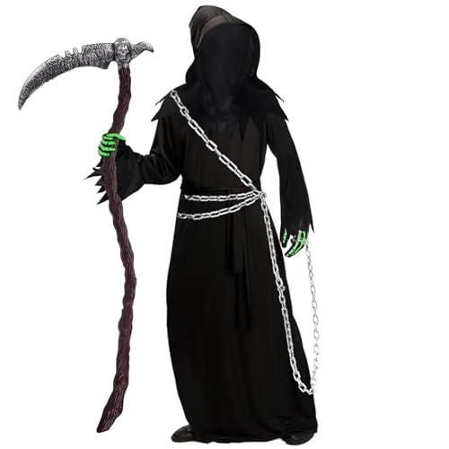 Halloween Kostüm Herren - 6er Gruselige Sensenmann Kostüm Erwachsene mit Maske & Sense(123 cm) & Metallkette Set,Horror Geister Kostüme Manner Dementor Grim Reaper Costume für Karneval Cosplay,L