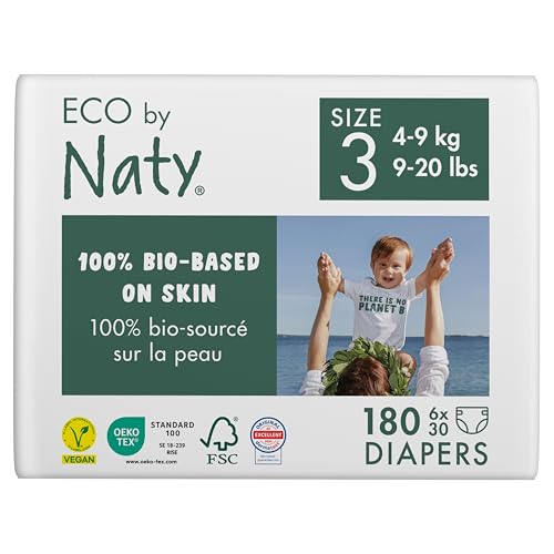 Eco by Naty Baby Öko Windeln - umweltfreundliche Premium-Bio Windeln aus pflanzenbasierten Materialien, ideal für empfindliche Babyhaut (Größe 3 - 180 Stück) - MONATSBOX
