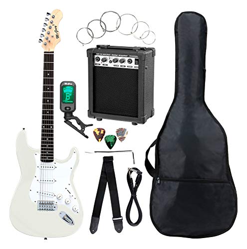 McGrey Rockit ST Komplettset E-Gitarre (8-teiliges Anfängerset mit Gitarre, Verstärker, Ersatzsaiten, Gitarrentasche, Stimmgerät, Plektren, Gurt und Gitarrenkabel) White