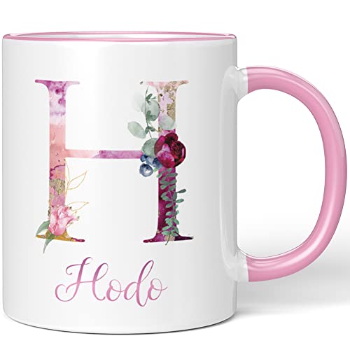 JUNIWORDS Tasse, Hodo, Name Anfangsbuchstabe Initial Alphabet Floral Buchstabe H Monogramm Motiv, Rosa (5513013)