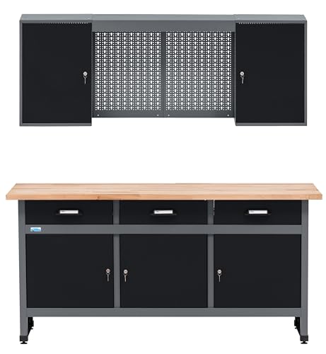 Küpper Werkstatt Set 70421-9, Werkstatteinrichtung Werkbank 170 cm mit Vollbuchenplatte, Hängeschrank (Schwarz)