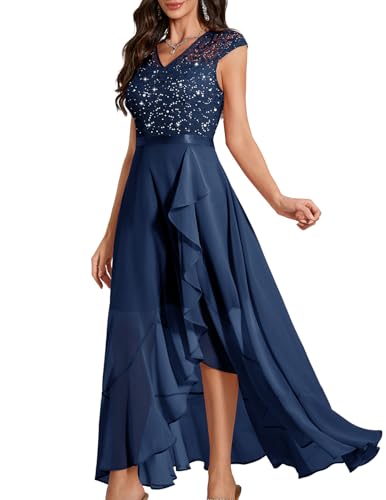 Bbonlinedress Abendkleid elegant für Hochzeit Glitzer Kleid Chiffon Abschlusskleid lang festliches Spitze Brautkleid mit Pailletten Party Ballkleid Cocktailkleid Navy XL