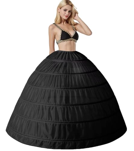 Damen 6 Reifrock Brautkleid Lang Petticoat A-Linie Unterrock Rockabilly Barock Kleid Unterröcke Krinoline 6 Ringe mit Rüschen fur Hochzeit Karneval Halloween Ball Prom(Schwarz)