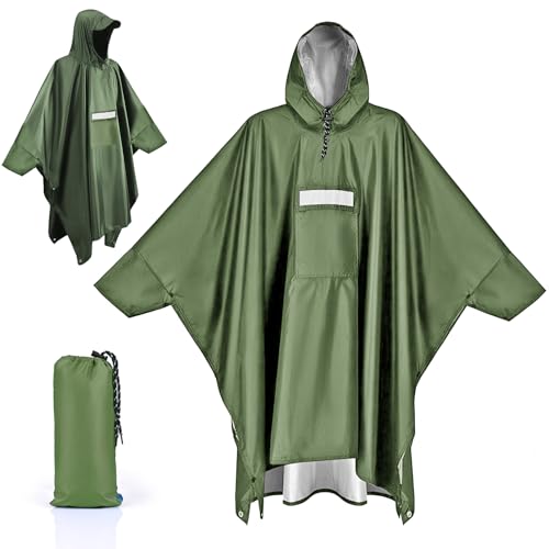 Apritsce Regenponcho für Erwachsene, Regenjacken Wasserdichter mit Kapuze Taschen Reflexstreifen, 3-in-1 Multifunktions Leichter Regen Poncho für im Freien Camping Wandern Angeln (Grün)
