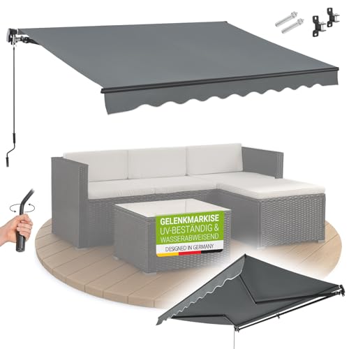 Juskys Gelenkarmmarkise 350 x 300 cm, UV40+ & wasserabweisend, mit Kurbel & Wandhalterung Länge + Winkel einstellbar, Markise für Terrasse & Balkon, Sonnenschutz Balkonmarkise Gelenkmarkise, Grau