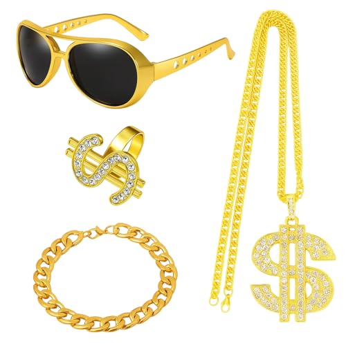 ZocRjvN 4-teiliges Elvis Presley Accessoire Set, Goldkette Herren mit Grillz und Rapper Kette, Gangster Kostüm Zubehör für Männer, Gold Chain und Goldketten im 90er Stil