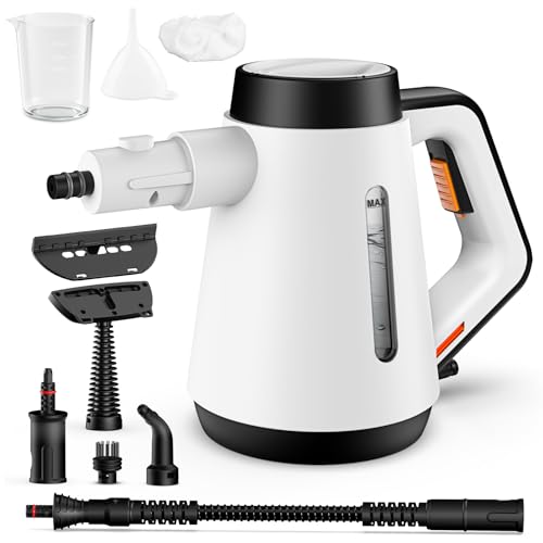 Handdampfreiniger, 400 ml Druck-Mehrzweckdampfreiniger mit 9-teiligem Zubehör, chemikalienfreier Dampfreiniger für den Heimgebrauch, Reinigung von Böden, Fliesen, Fenstern, Sofas (Weiß)