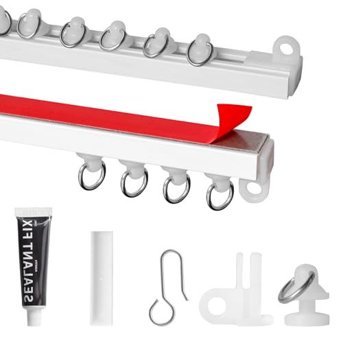 3m Selbstklebende Vorhangschiene, Vorhangschiene Deckenmontage Ohne Bohren, Deckenvorhangschiene mit Ösengleiter für Schlafzimmer, Fenster, Duschen, Schränke, Wohnwagen (3m)