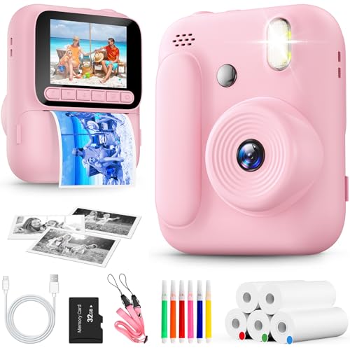 Naxup Sofortbildkamera für Kinder,1080P Kinderkamera mit 5 Rollen Druckpapier,32GB-Karte und Farbstiften,Tragbare Digitalkamera für Jungen und Mädchen,Geschenke für Kinder im Alter 3–14 Jahren(Rosa)
