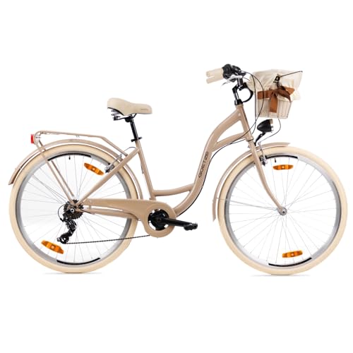 Goetze Mood 28 Zoll Damen Citybike, 18 Zoll Tiefeinsteiger Stahlrahmen, 7-Gang Kettenschaltung, doppelte V-Bremsen, LED-Beleuchtung, Rattankorb, Komfortsattel, mit Seitenständer & Klingel