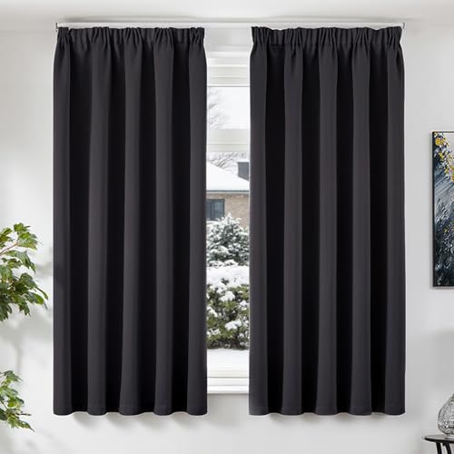 TOPICK Gardinen mit Kräuselband Vorhänge Blickdicht Verdunklungsvorhänge Blackout Curtains 175x140 cm 2er Set Gardinen Wohnzimmer modern Vorhänge Schlafzimmer verdunkelung Fensterdekoration Schwarz