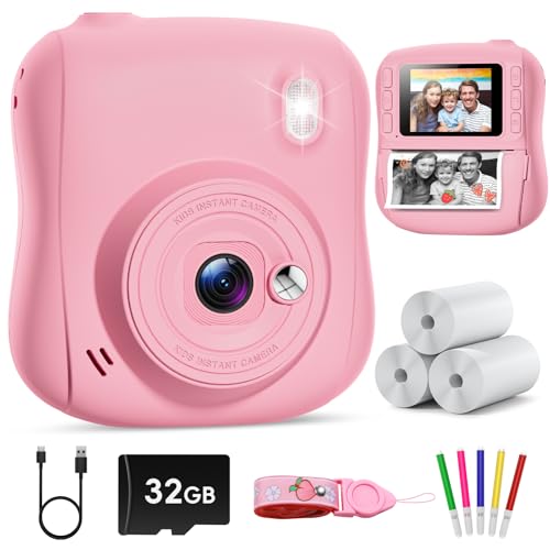 Hangrui Kinderkamera Sofortbildkamera, 14MP Sofortbildkamera Kinder mit 32G Karte & Druckpapier, 1080P Kamera Kinder Sofortdruck mit Farbige Stifte, Geschenk für 3-12 Jungen und Mädchen-Rosa