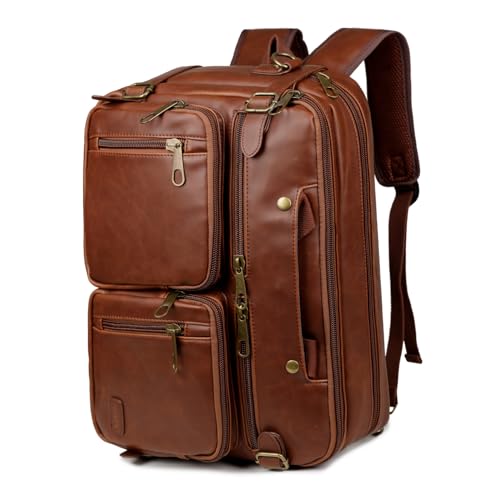 Faux Leder Rucksack Aktentasche Hybrid 17 Zoll Laptoptasche Herren Shoulder Bag Carry on Backpack Umhängetasche Mehrzweck Schultertaschen Arbeitastasche für Männer HB-22 (Braun)
