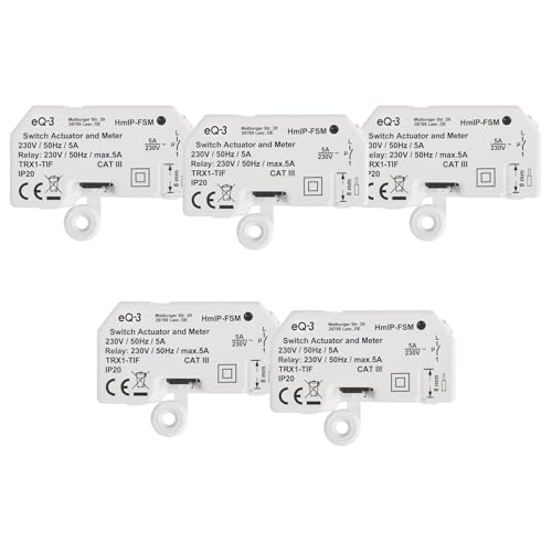 Homematic IP Schalt-Mess-Aktor – Unterputz, Packung mit 5, Smart Home, Aktor misst Strom, steuert Geräte und Leuchten per App, Alexa & Google Home, Energie sparen, 142721A0