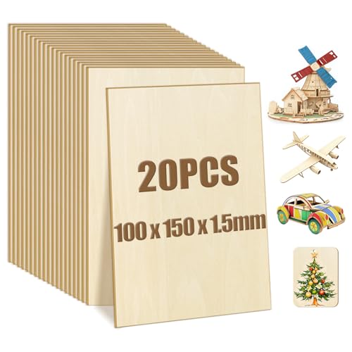 Suofuolef 20 Stück Unvollendete Holzplatte, 100 x 150 x 1.5 mm Sperrholzplatten zum Basteln zum Laserschneiden und Gravieren für Heimwerkerprojekte, Zeichnen, Architekturmodelle