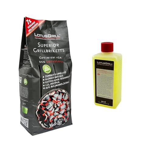 1x LotusGrill Superior BBQ-Briquettes 3KG + 1x LotusGrill Brennpaste 500ml - CO2 neutral, zündet schnell, + Brenndauer