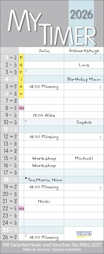 My Timer - Familienplaner 2026 für 1 Personen - Korsch-Verlag - Kalender mit 2 Spalten zum Eintragen - 19 cm x 46 cm
