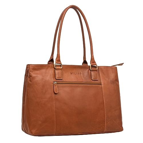 STILORD 'Marika' Shopper Damen Groß Echtleder braun mit Laptopfach 15,6 Zoll ideal als Vintage Ledertasche Businesstasche Arbeitstasche Frauen Handtasche und Schultertasche